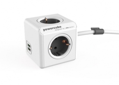 Elosztó, 4 aljzat, 2 USB csatlakozó, 1,5 m kábelhosszúság, ALLOCACOC "PowerCube Extended USB DE", fehér-szürke